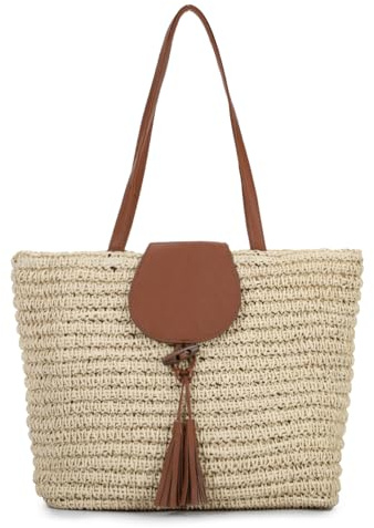 Freiesoldaten Sac Fourre-tout en Paille d'été pour Femme Grand Format Tissé pour la Plage Sacs à Main à Bandoulière et Poignées sur le Dessus avec Pompon pour Les Voyages et les Vacances