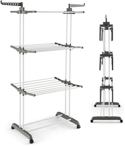 UTTAM Extra Large 4-Tier Clothes Drying Rack with Wheels – Foldable, Thick & Durable Stainless Steel Clothes Airer for Indoor & Outdoor Use, Laundry, Bedroom (Grey)