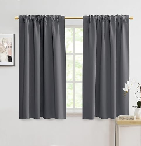 Short Blackout Curtains for Bedroom Windows,2 Panel Sets 48 Length Thermal Insulated Waterproof Curtains for Bathroom Bay Window,48 Inches Long,Dark Grey/Gray