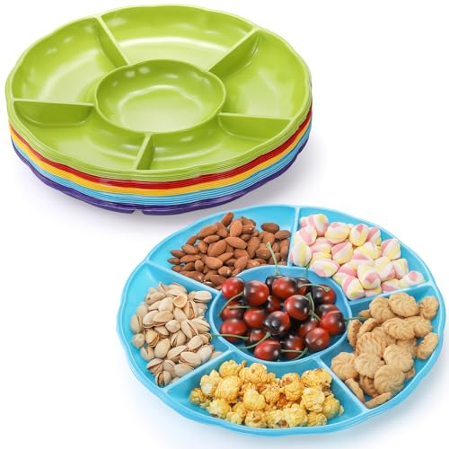 Frcctre 20 Pack 6 Sectional Round Plastic Appetizer Snack Serving Platter, 12 Inch Divided Food Tray Nut Candy Veggie Fruit Dish