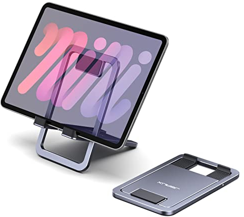 JSAUX Universal Tablet Stand, Portable Foldable Tablet Holder for Desk Compatible with iPad Mini, Samsung Galaxy Tab, Kindle, Steam Deck OLED, Switch, ROG Ally X, iPhone and Other Tablets-Gray