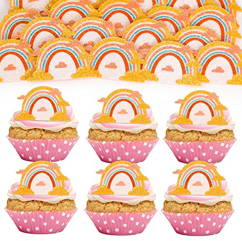Gyufise 24Pcs Rainbow Cupcake Toppers Colorful Glitter Cloud Rainbow Cupcake Picks for Raibow Theme Baby Shower Boys Girls Birthday Party Cake Decorations Supplies