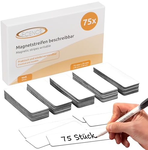 ECENCE Magnetstreifen beschreibbar 75 Stück - 75x25mm - abwischbare Magnetschilder - Magnet-Etiketten zuschneidbar für Whiteboards, Kühlschränke, Magnettafeln - Weiss