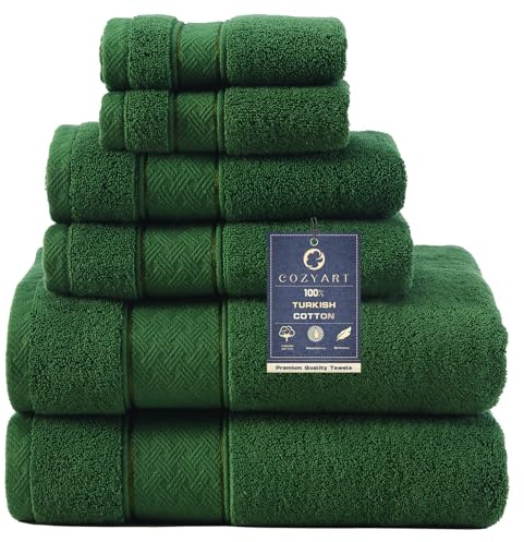 COZYART Formal Green Bath Towel Set 6 Piece, Luxury 100% Turkish Cotton 650GSM Hotel Quality, Soft, Absorbent,Towel Sets for Bathroom | 2 Bath Towels 2 Hand Towels 2 Washcloths