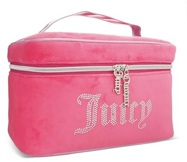 Juicy Couture Pink Silver Makeup Bag Cosmetics Organizer Travel Essentials Train Case Velour Rhinestones