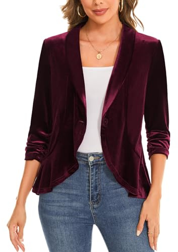 MINTLIMIT Shawl Collar Womens Velvet Burgundy Cardigan Coat with Ruffle Hem 3/4 Sleeve One Button for Business and Leisure (Wine Red M)