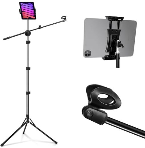 Microphone Stand, SUNNINGUP Floor Microphone Stand with Adjustable Tripod, 4.7-13' Tablet/Mobile Phone Holder, Suitable for Any Microphone, Performance, Singing, Speech, Recording, Karaoke