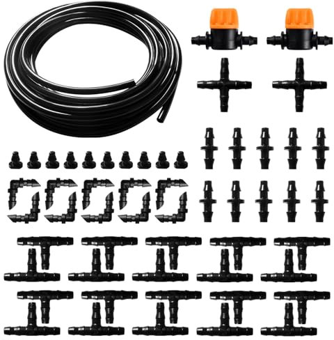 VooGenzek 55 Pièces 4/6 mm Kit d'irrigation Goutte, 5m Tuyau d'irrigation, Systeme Irrigation, avec Raccords Cannelés Droits, Connecteurs en T, Bouchons d'extrémité, pour Jardin, Plantes