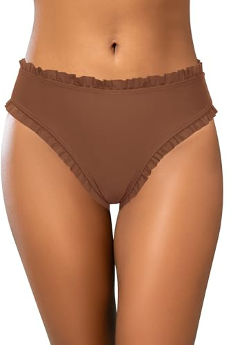SHEKINI Bikini da donna a vita alta con orlo arricciato, dettagli sexy, elegante, per spiaggia, piscina e sport acquatici, marrone, L