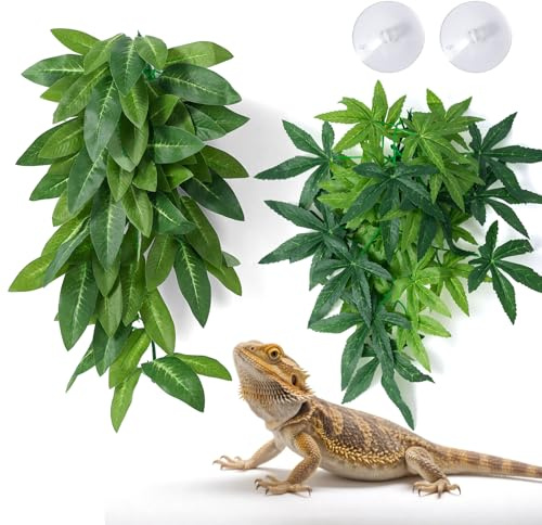SLSON 2Pcs Reptile Hanging Plants with Suction Cup for Terrarium Accessories, Artificial Hanging Vines Plants for Geckos Bearded Dragon Lizard Chameleon Habitat Decoration (Green, Green)