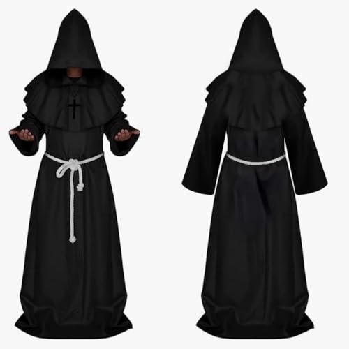 HuaMuDM Disfraz Monje Sacerdote,Túnica Medieval Renacimiento Traje,Medieval Fraile Túnica,capucha Disfraces Monje,Sacerdote disfraz (L)