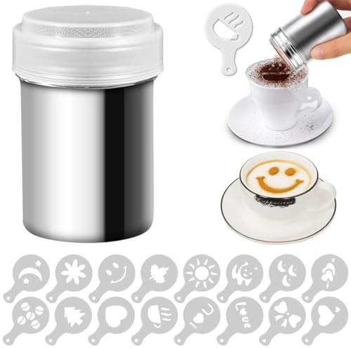 Chocolate Shaker Stainless Steel Duster Dredges Cans Coffee Sprinkles Powder Set Cocoa Cinnamon Powder Can with 16 Coffee Molds Stencils for Kitchen Baking Cooking Cappuccino Coffee Latte Coffee (A)