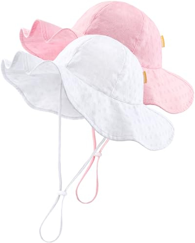 HONGTEYA Baby Sun Hat Toddler Girls Wide Brim Infant Beach Outdoor Summer Hat Sun Protection UPF 50+ White/Pink