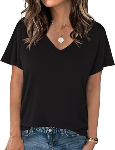 Crewhpo Camiseta Mujer Verano Manga Corta Cuello en V Top Básica Color Liso | Holgado, Elástico Ligero, Suave Cómodo, Transpirable, Blusas Elegante, Camisetas Básico, Primavera, Diario, Ocio