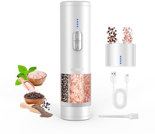 AMOSA Juego de Molinillo Pimienta Electrico de Sal, 2 en 1 Doble Contenedor Recargable por USB, Automático Saleros de Cocina con Luz LED, Molino de Cerámica Dual con Molienda Ajustable, Blanco