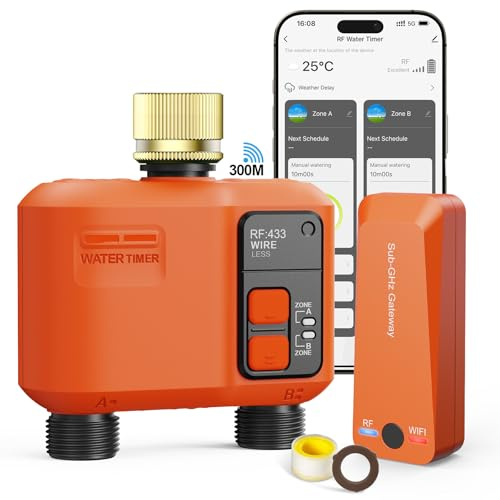 XinFuture Bewässerungscomputer WLAN 2 Ausgänge mit 300 Meter RF, Starke Wanddurchdringung, Bewässerungsuhr mit Messing-Einlass, Automatische Smarte Bewässerungssystem mit APP/Alexa, Regenverzögerung