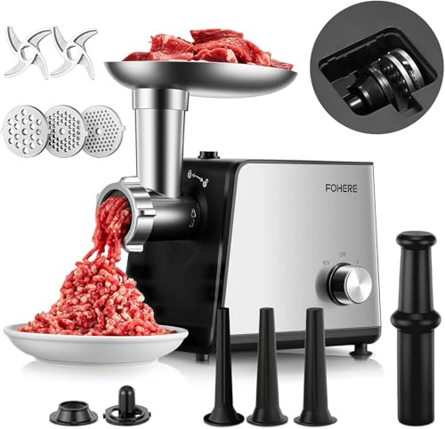 FOHERE Tritacarne Elettrico, 3200W Max Professionale in Acciaio Inox, 2 Lame, 3 Piastre di Macinazione, 3 Tubi per Salsicce e Kit Kubbe per Casa e Lavorazione Selvaggina