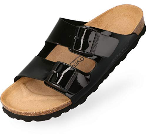 BOnova Schwanberg Damen Lack schwarz in Größe 40. Sommersandale mit Kork-Fußbett. Hausschuh für das ganze Jahr. Hergestellt in der EU.