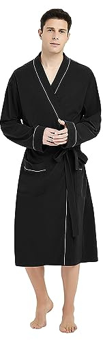U2SKIIN Mens 100% Cotton Dressing Gown Lightweight Men's Nightwear Bathrobe(Black,2XL/3XL)