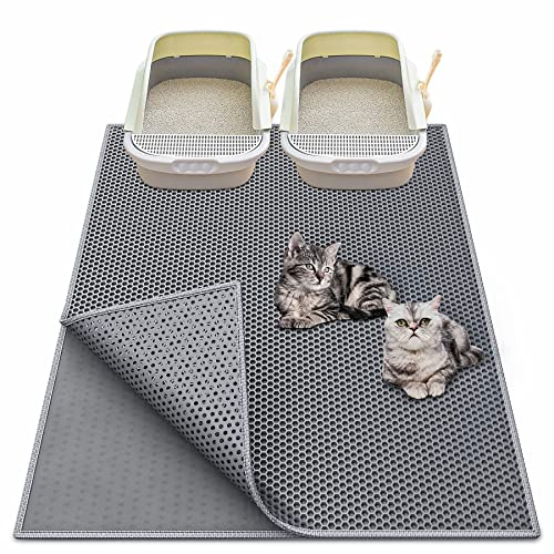 Waretary Cat Litter Box Mat: 36x 30 Waterproof Kitty Cat Litter Trapping Mat, Easy-clean Double-layer Scatter Control Pad Rug (Grey)