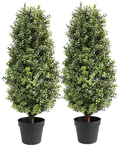 35inch Artificial Topiary Boxwood Tree, Faux Plants Outdoor 2 Packs Fake Bushes Faux Shrub, Artificial Topiary for Outdoors for Home Decor Indoor Front Porch