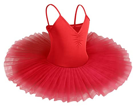 IBAKOM Girls Swan Lake Ballet Dance Tutu Dress V Neck Camisole Leotard Dancewear Ballerina Dancing Costume Gymnastic Spaghetti Strap Sleeveless Dance Outfit Red 11-12 Years
