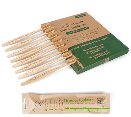 Premiumswede Bamboo Toothbrushes Soft Bristles Adult - 8 Pack Eco-Friendly Bamboo Toothbrushes Individually Wrapped - Sealed Soft Bristle Toothbrush - Biodegradable Natural Wooden Toothbrush