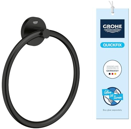 GROHE Start, Handtuchhalter ohne Bohren (Handtuchring für das Badezimmer, zum Bohren oder Kleben, inkl. Schrauben & Dübel, ohne Kleber, verdeckte Befestigung), rund,, schwarz, 411742430