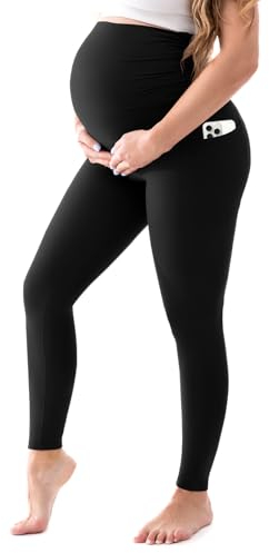 Walifrey Women's Maternity Leggings with Pockets，High Waist Opaque Comfortable Pregnancy Black Leggings S