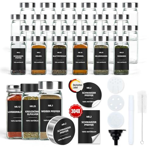 Kryddburkar fyrkantiga med etiketter, set 24: små kryddburkar glas 120 ml | Spridningsplats, 302 vattentäta etiketter – kryddförvaring för kökslådan – lufttät kryddströare silver