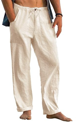 Cegerne Pantaloni di Lino da Uomo Pantaloni Estivi Lunghi Leggeri Medievale vestibilità Ampia Casual Pantaloni Casual Spiaggia, Z-Beige, M