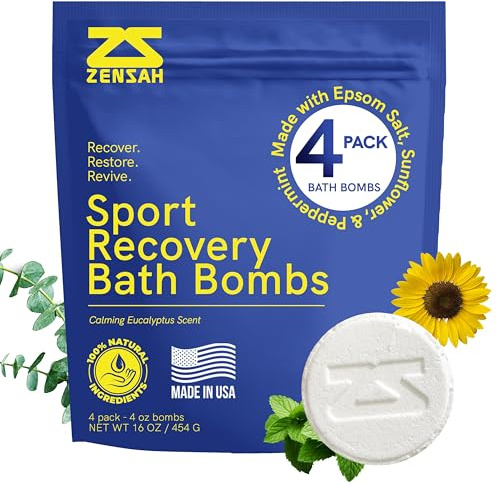 Zensah Sport Recovery Bath Bombs - Magnesium Epsom Salt for Soaking Sore Muscles, Valentines Day Gifts, Made in USA with Essential Oils, Peppermint and Eucalyptus Relaxation for Athletes