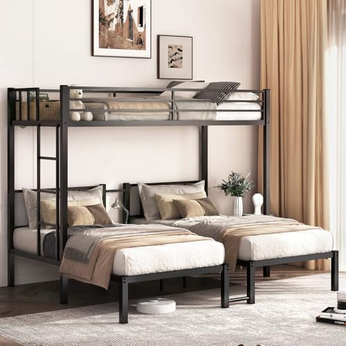 HKOLIE Twin Over Twin & Bunk Beds for 3, Triple Bunk Bed for 3 with Guardrails, Ladder & Upper-Bed Platform, for Children, Teens, Adults, No Box Spring Needed, Black