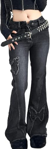 Suncadmious Jeans Svasati da Donna Y2K Farfalla Jeans a Vita Bassa Vintage Grunge Distressed Vintage Baggy Jeans (Nero,L)
