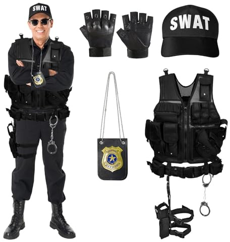 MeYuxg Chaleco SWAT Adulto, Disfraz Policia Adulto, Guantes, Funda de Pistola, Cinturón, Esposas, Placa de Policía, SWAT Disfraz de Policía para Hombre Carnaval y Halloween Fiesta