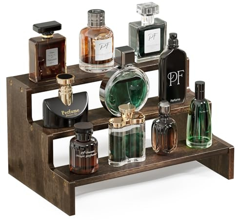ProCase 3 nivåer Cologne Organizer trä Köln stativ, parfym display makeup ställ kosmetisk arrangör, mångsidig organisatör hylla för dofter ljus kosmetika cupcake vanity förvaring brun | Parfymdisplay upphöjare rack hållare rustik hylla mångsidig organiserare för dofter ljus kosmetika sminkbord förvaring