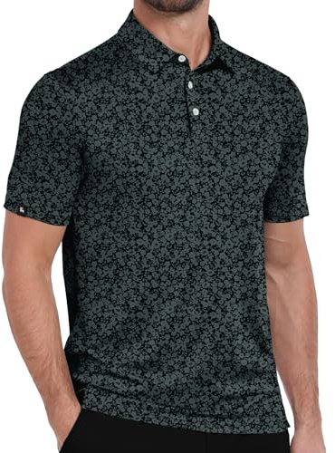 ZITY Mens Print Polo Shirts Short Sleeve Moisture Wicking Shirts for Men Golf Tennis Daily Casual Collared T-Shirt Black Flower Large