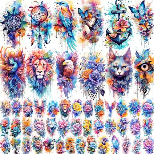 GLARYYEARS 52pcs Realistic Watercolor Temporary Tattoos for Women Adults | Waterproof 3D floral fake tattoos. Painless, lasts up to 5 days. Perfect for festivals, parties, or tumbler DIY crafts.