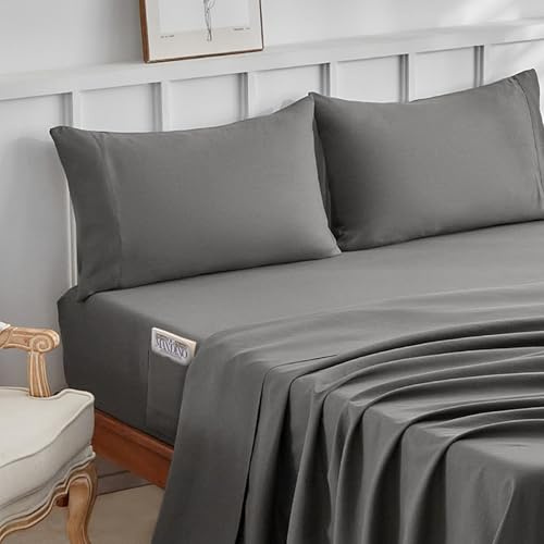Tokokimo Juego de Sábanas 4 Piezas, Ajustable Sábanas Bajera Cama 180x190/200cm con 2 Bolsillos Laterales, Sábana Plana 270x290cm, Fundas de Almohada 50x80cm, Poliéster Suave y Duradero, Gris