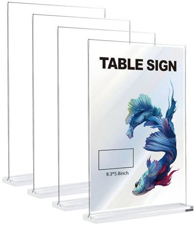 4 Stück Tischaufsteller A5, Preisschilder Aufsteller Tischständer Doppelseitiger Vertikaler Menükartenhalter Acryl T-Ständer Fotoaufsteller Doppelseitig für Prospekte Menükarte Werbung Café Hochzeit