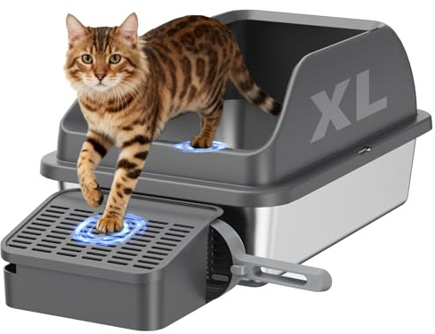Zivacate Arenero Gato XL de Acero Inoxidable (60×40 cm) – Caja de Arena para Gatos con Rampa Inclinada, Bordes Altos, Pala, Plataforma, Antiadherente y Antiolores, Gris