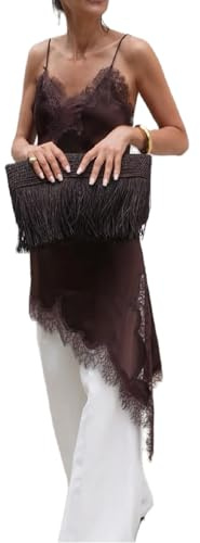 Lshyuehao Women Satin Lace Camisole Top Spaghetti Strap Side Split Asymmetrical Lace Trim Cami Top Flowy Silky Layering Tops (A-Coffee, M)