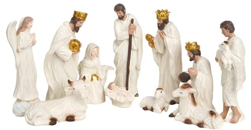 Generico Presepe di Natale tradizionale, statue in resina da 11 pezzi e figurine per presepe con scena di stalla, set per Belén di Natale con figure da tavolo e decorazioni natalizie