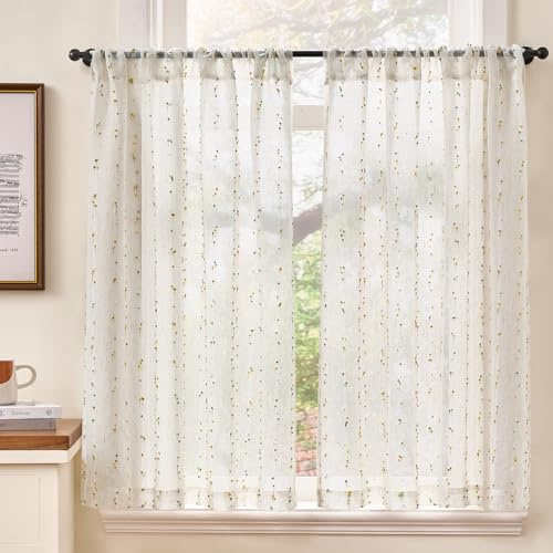TOPICK Skivgardiner uppsättning av 2 bistrogardiner med prickar linne lantlig stil boho kort gardin halvtransparent, H 90 x B 90 (cm) linneutseende gardiner med dragsko köksgardin vardagsrum grön
