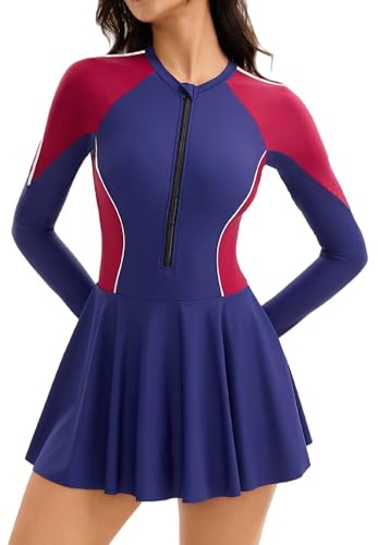 FEOYA Womens Swimming Costumes with Shorts Women's Sport One Piece Swimdress Swimsuits One Piece Rash Guard Zip Up Swimsuit Long Sleeve with Removable Cups Red S