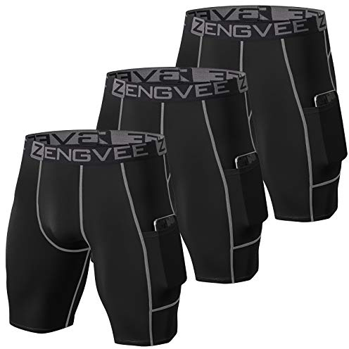 ZENGVEE 3-pack herr kompressionsshorts löparbyxor herr korta snabbtorkande leggings korta med sidofickor tights sport underkläder för män, 0blå grå, XL