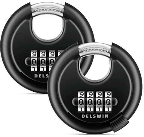 DELSWIN 4-Digit Disc Combination Lock Outdoor - Heavy Duty Combination Padlocks with Hardened Steel Shackle Weatherproof Combo Locks for Gates,Sheds,Fence,Storage Unit (3/8 Shackle, Black,2 Pcs)
