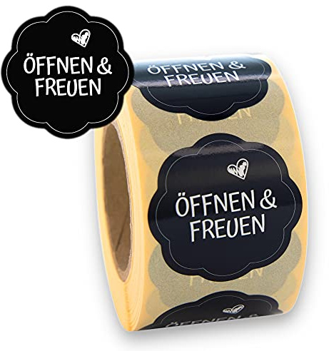 Geschenkaufkleber Öffnen und Freuen 1000 Stück d40mm - blumenförmige Etiketten auf Rolle, grau/silber