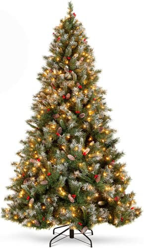 Asinse Artificial Christmas Tree Pre Lit Xmas Tree 350 LED Luxury Higned Tree 1000 Tips with 50 Berries and 50 Pine Cones, Home Holiday Party Decorations (6FT/180CM)