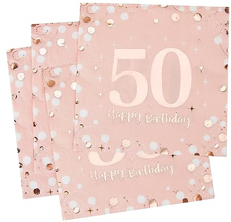 Servetter 50. födelsedag, 30 stycken rosa födelsedagsservetter, grattis på födelsedagen 50 servetter, 3-lagers Milestone 50 bordsdekoration pappersservetter för kvinnor födelsedag firande fest årsdag